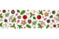 Christmas horizontal seamless background with balls, bells, holly, mistletoe, cones and fir branches. Vector illustration. Royalty Free Stock Photo