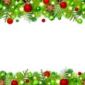Christmas horizontal seamless background with fir branches, red and green balls, cones and stars. Vector illustration.