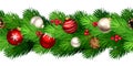 Christmas seamless border with fir branches, Christmas balls, pine cones, and holly. Vector illustration Royalty Free Stock Photo