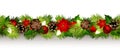Christmas horizontal seamless border with red balls, fir tree branches, lights and cones. Royalty Free Stock Photo