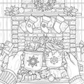 Christmas hot chocolate in hands by the fireplace. Coloring book antistress for adults. Royalty Free Stock Photo