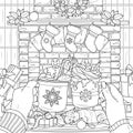 Christmas hot chocolate in hands by the fireplace. Coloring book antistress for adults.