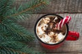 Christmas hot chocolate with marshmallows and candy cane on wooden board. New Year. Holiday card Royalty Free Stock Photo