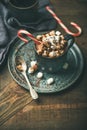 Christmas hot chocolate with marshmallows and cocoa, copy space Royalty Free Stock Photo