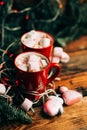 Christmas Hot Chocolate With Marshmallows In Red Mugs, Square