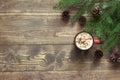 Christmas Hot Chocolate With Marshmallows On The Wooden Background. Top View With Copy Space.