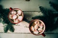 Christmas Hot Chocolate with Marshmallows in Red Mugs, square