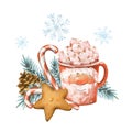 Christmas hot drink, chocolate, marshmallows, cookie. Holiday illustration