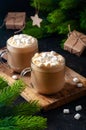 Christmas Hot Drink. Cocoa Coffee Or Chocolate In Glasses With Marshmallows On Dark Background