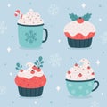 Christmas hot drink with cupcakes. Christmas sweets. Vector illustration