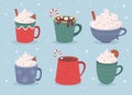 Christmas hot drinks collection. Winter hot drinks, hot chocolate, cups of coffee.