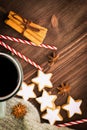 Christmas hot steaming cup of glint wine with spices, cinnamon, anise, cookies in a shape of star, red candies, pepper and gray