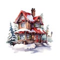 Christmas House Clipart, Watercolor Christmas Village