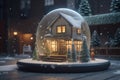 Christmas house decorations with snow inside the crystal ball Royalty Free Stock Photo
