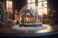 Christmas house decorations with snow inside the crystal ball Royalty Free Stock Photo