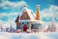 Christmas house in the forest with candies and winter holiday ornaments. Santa gingerbread house on the snow. Generated