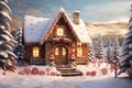 Christmas house in the forest with candies and winter holiday ornaments. Santa gingerbread house on the snow. Generated
