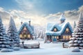 Christmas house in the forest with candies and winter holiday ornaments. Santa gingerbread house on the snow. Generated