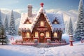 Christmas house in the forest with candies and winter holiday ornaments. Santa gingerbread house on the snow. Generated