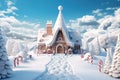 Christmas house in the forest with candies and winter holiday ornaments. Santa gingerbread house on the snow. Generated