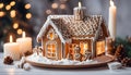 Christmas house from ginger cookies decorated in Christmas spirit with tree in background Royalty Free Stock Photo