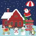 Christmas house with santa and parachute, snowman, reindeer, penguin and tree Royalty Free Stock Photo