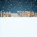 Christmas house in snowfall at the night. Happy holiday greeting card with snow town skyline. Midtown houses panorama Royalty Free Stock Photo