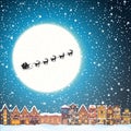 Christmas house in snowfall at the night. Happy holiday greeting card with town skyline, flying Santa Claus and deer Royalty Free Stock Photo