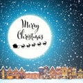 Christmas house in snowfall night. Happy holiday greeting card with town skyline, flying Santa Claus and deer black Royalty Free Stock Photo