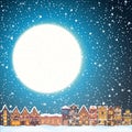 Christmas house in snowfall at the night. Happy holiday greeting card with town skyline, flying Santa Claus and deer Royalty Free Stock Photo