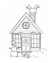 Christmas house, snowman and Santa Claus climbing up the chimney.holiday card coloring.handmade vector