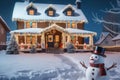 A Christmas house with a snowman in the yard