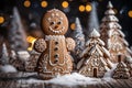 Christmas house, Christmas tree and gingerbread snowman on a background of festive golden bokeh. ÃÂ¡hristmas baking, sweets. Hand Royalty Free Stock Photo