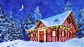 Christmas house at winter night watercolor sketch Royalty Free Stock Photo