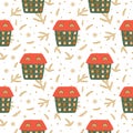 Christmas houses patten. Cute cartoon winter houses seamless pattern on gold fir branch. New year season, decorative paper