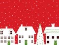 Christmas houses and snow red background