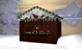 Christmas hut with Advent wreaths, little fairy and burning Advent candle in a winter landscape