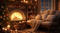 Christmas Hygge Concept, decoration and candles burning in lanterns, roaring log fire, window with snow and festive garlands at