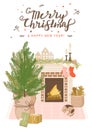 Christmas hygge cozy home decorations. Scandinavian interior with fireplace and Christmas decorations.