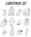 Christmas hygge outline set. New year line cute elements. Cozy warm winter.