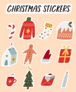 Christmas hygge stickers set. New year cute elements. Cozy warm winter.