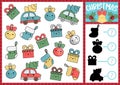 Christmas I spy and shadow match game for kids. Searching and counting activity with cute kawaii winter holiday symbols. New Year Royalty Free Stock Photo