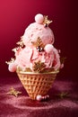 Christmas ice cream made from several pink balls decorated with golden decoration.