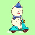 Christmas icon concept.Flat Cartoon Cute Polar Bear ride scooter vector icon illustration.Christmas Character Flat Cartoon Style