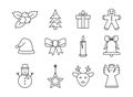Christmas icon with gift box, angel, hat, bow, candle, reindeer, snowman. Ornament decoration elements for winter holiday. Royalty Free Stock Photo