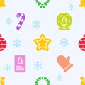 Christmas icon pattern, wrapping paper decor. Winter bell and snowflakes, tree toys and gingerbread, vintage style decor Royalty Free Stock Photo