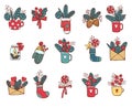 Christmas icon set in color. Vector doodle illustration isolated. Design element hand drawn style for your design.