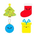 Christmas icon set. Fir tree, ball toy, sock, gift box. Happy New Year card. Cute cartoon kawaii funny smiling character. Flat Royalty Free Stock Photo