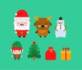 Christmas icon set pixel art. Santa Claus and deer. Red bag and Snowman. Xmas 8 bit. Pixelate New Year sign Royalty Free Stock Photo