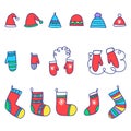 Christmas icon vector set of winter clothes: Santa stocking cap, knitted hat, sock, mitten Royalty Free Stock Photo